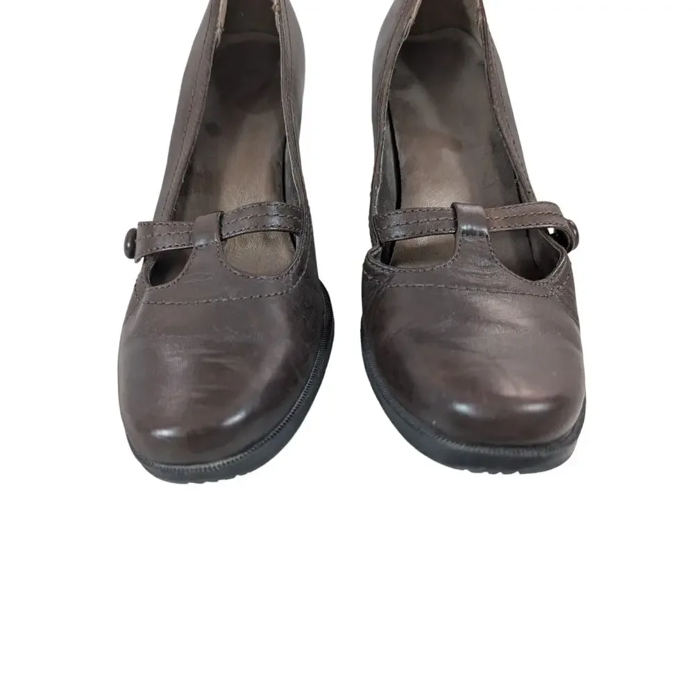 BASS! FAB ESPRESSO BROWN GENUINE LEATHER MARY JANE STYLE STACKED HEELS! SZ 7M